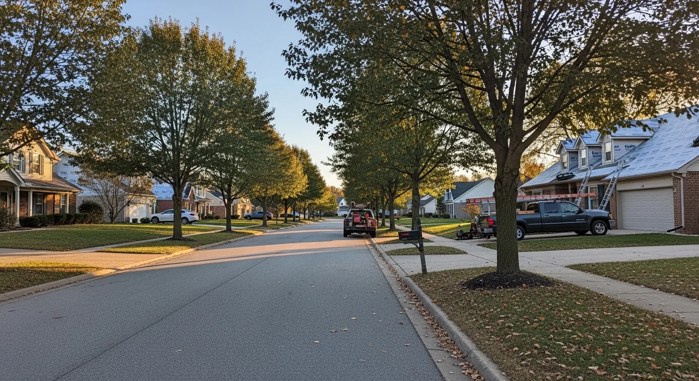 Suburban street in Pickerington with new residential homes and established trees lining the road.