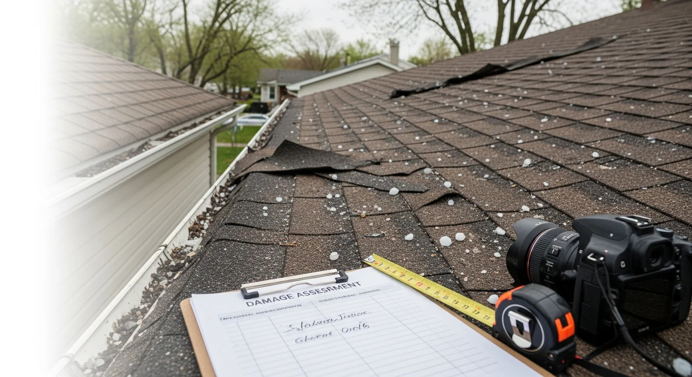 A Pickerington Ohio home with visible hail and wind damage to the roof and siding after a central Ohio storm. An Aburto insurance claims assistant reviews damage documentation with the homeowner on the front porch.