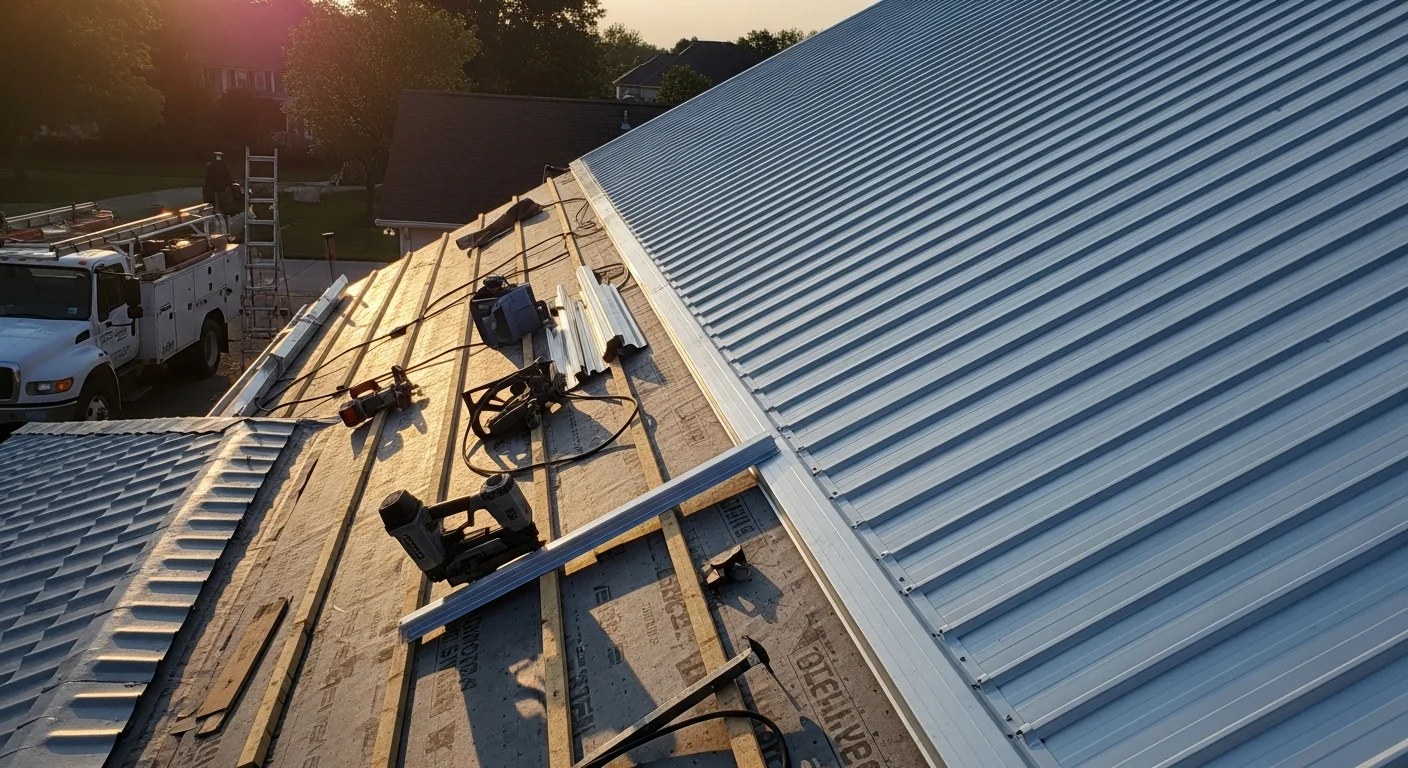 Completed metal roof installation on a residential home in Pickerington, Ohio, showing clean panel lines and a finished ridge against a clear sky. The roof covers a two-story suburban home typical of Fairfield County neighborhoods.
