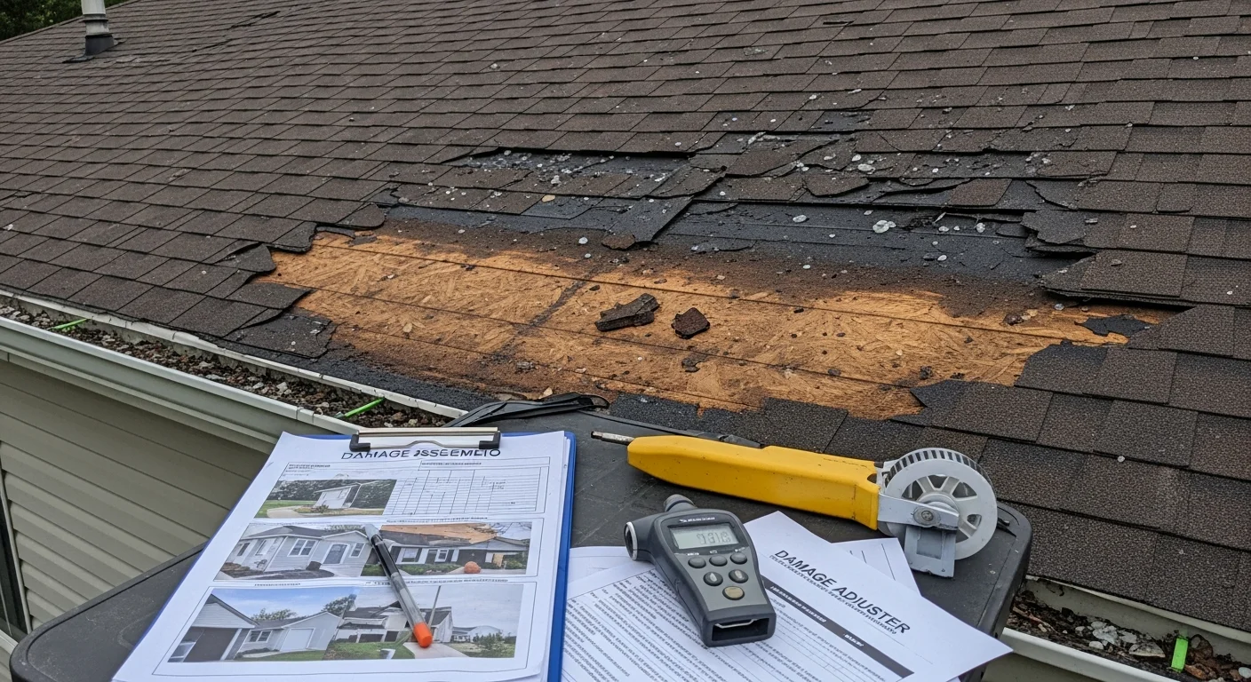 A Pickerington Ohio home with visible roof and siding damage after a wind and hail storm, with an insurance claims coordinator reviewing damage documentation on-site. A public adjuster and homeowner discuss the property loss assessment in front of the affected structure.
