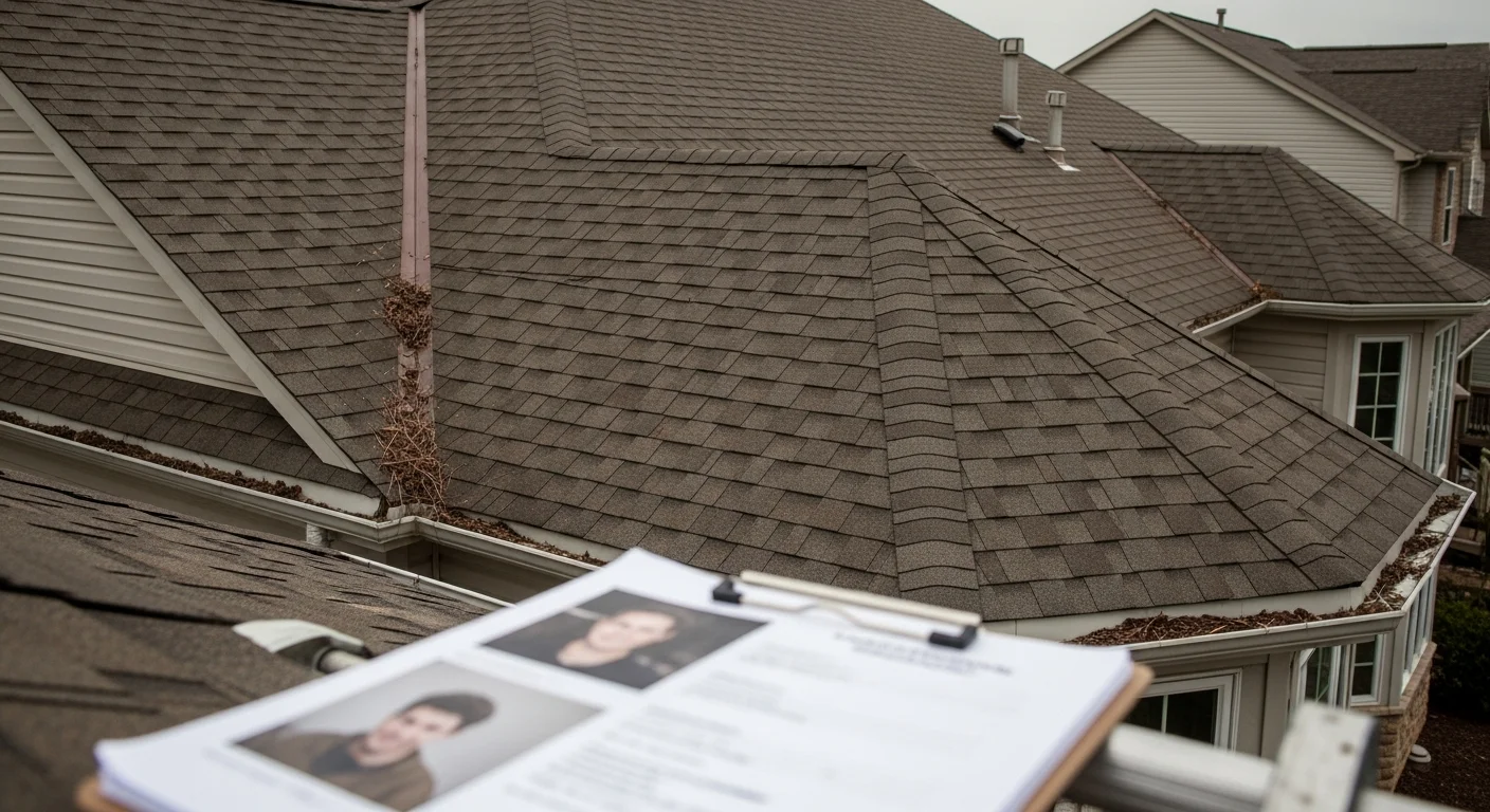 Aburto roofing contractor inspecting shingles and flashing on a two-story residential home in Pickerington, Ohio. Close-up view of a roof valley and dormer area showing wear assessment in progress.