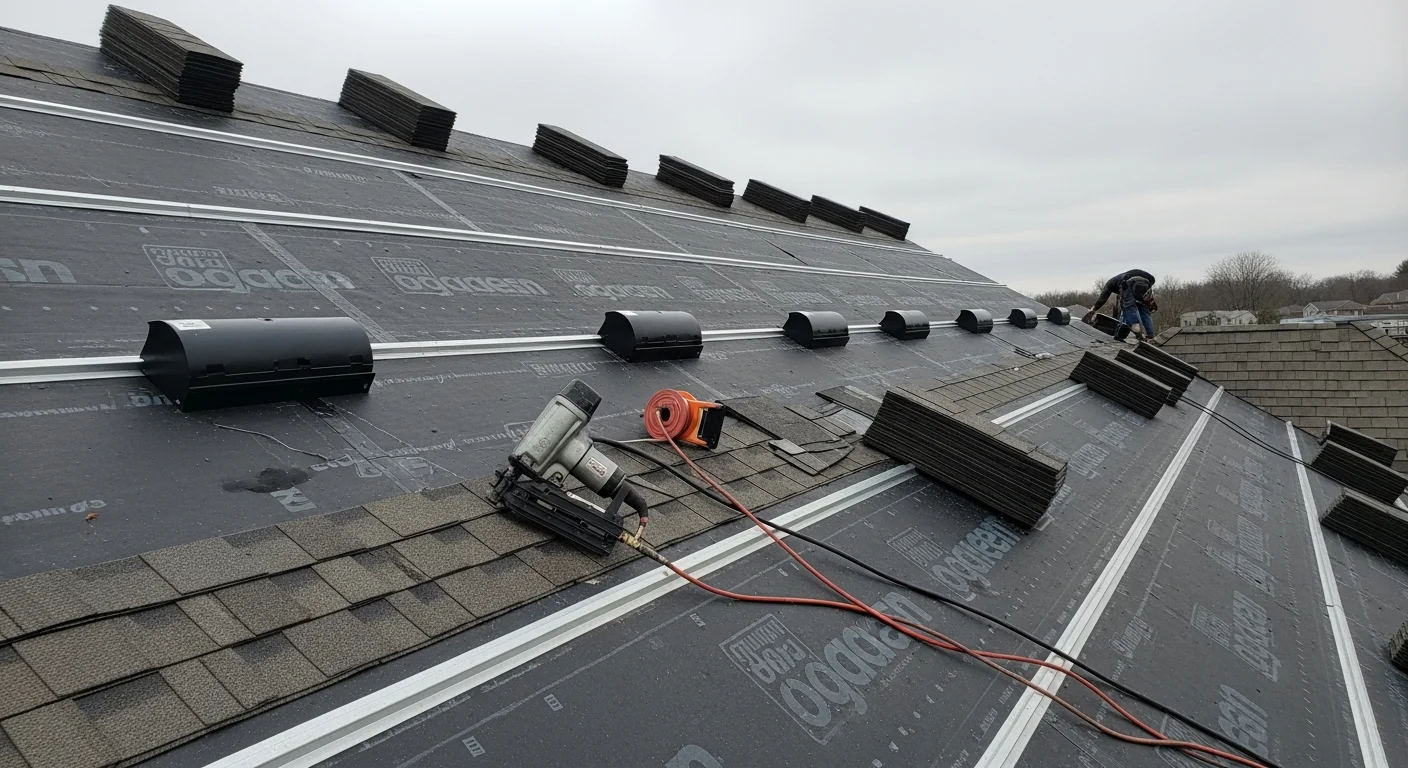 A completed residential roof installation on a single-family home in Pickerington, Ohio, showing clean ridge lines, uniform shingle courses, and finished flashing at the roofline edges. The home sits in a suburban Pickerington neighborhood typical of the city's owner-occupied housing stock.