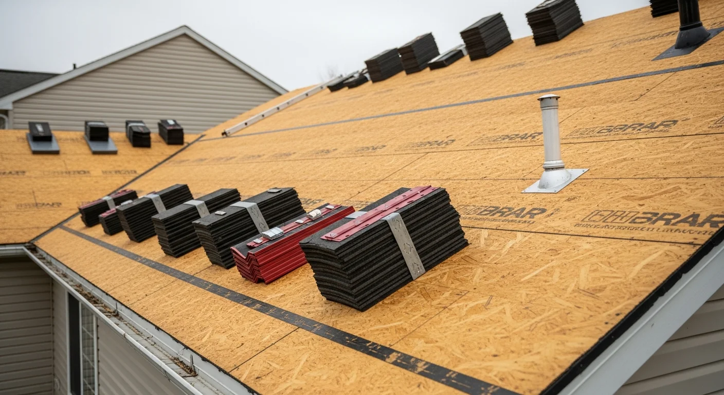 A completed roof replacement on a two-story single-family home in Pickerington, Ohio, showing new shingles installed across a multi-pitch roofline with replaced flashing at the valleys. The home sits in a residential subdivision typical of Pickerington's established neighborhoods.